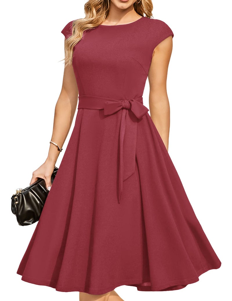 DRESSTELLS Women's Cocktail Dresses, Formal Wedding Guest Modest Church Summer Bridesmaid Party Aline Fit Flare Midi Swing Dress Raspberry 2XL - Image 1